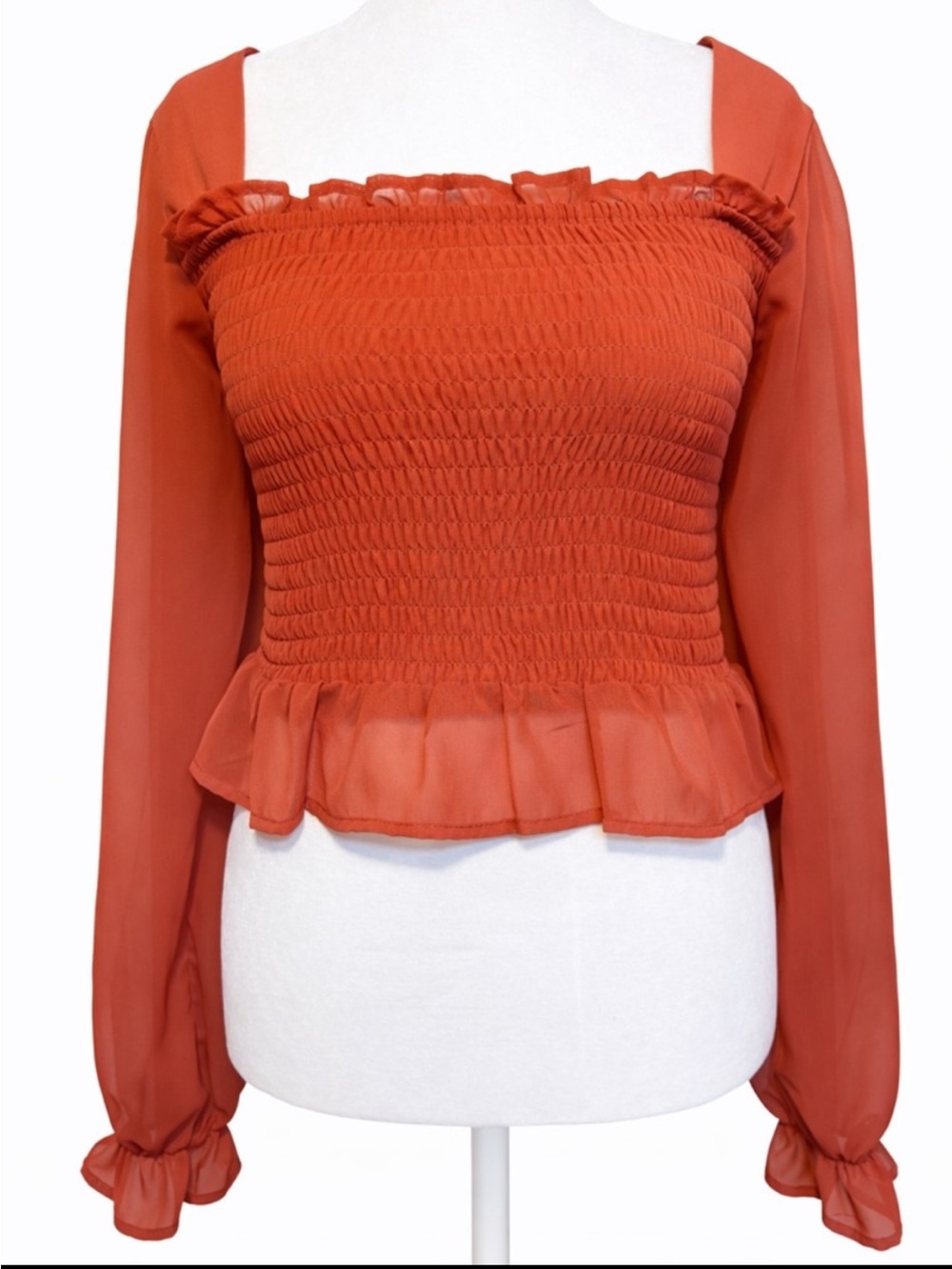Chance or Fate Smocked Peplum Top Long Sleeve Square Neck Large Date Holiday